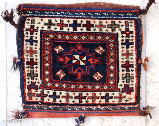 Varamin 'chanteh' (vanity bag) probably woven in the village of Garmsar, early 20th c. 36 x 33 cm. in very good condition and good natural colors. Unusual border.     