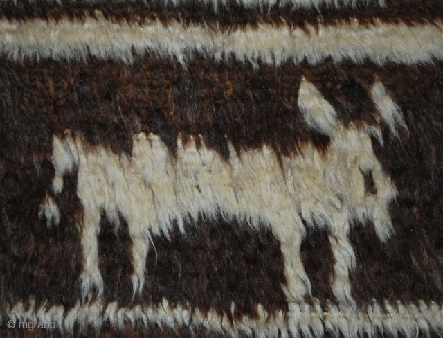 Ancient cover from the vicinity of Bandar-e-Abbas (South Persia) with quite an unusual and curious central animal figure, first quarter 20th c. 180 x 215 cm (incl. kilims). In near excellent condition,  ...