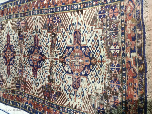 Antique kuba carpet, 258x155cm, shabby chic fresh country house find, knotted fringes.                     
