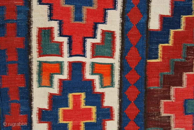 Caucasian kilim. Cm 200x320. Late 19th/early 20th century. Wonderful colors. The orange is either a fantastic natural dye, as I think or non natural as somebody questioned. Some minor corrosion on brown.  ...