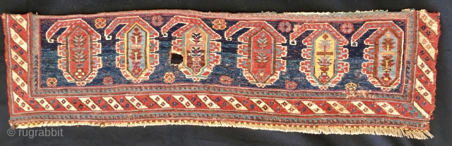 Antique South Persian mafrash panel with colorful boteh design. Cm 30x110 ca End 19th century Great pattern and great colors. Six lovely boteh of different color. Condition issue: one hole to report.  ...