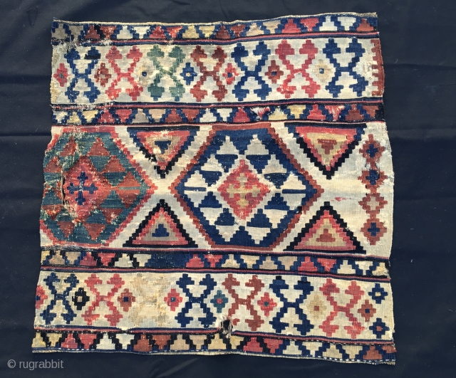 Great kilim fragment from mid 19th century. Cm 69x69 ca. Very, very fine weave and with fantastic colors. Should be either Shirwan or Kazak. It could be a kilim fragment or as  ...