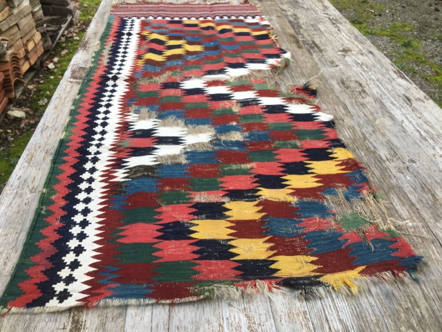 Qashqai kilim fragment.
Fars region. Iran.
Size is cm 75c165.
Age approx 1880/1890.
Lovely natural colors.
Available after 30/40 years in my collection. 
Email carlokocman@gmail.com             