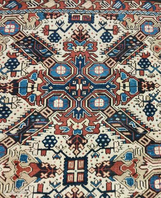 Caucasian Zeikhur or Seychour pile rug from the region of Kuba Azerbaijan. Size is cm 102x147
Approx date is the 4th quarter of the 19th century.
This lovely antique rug features two ...