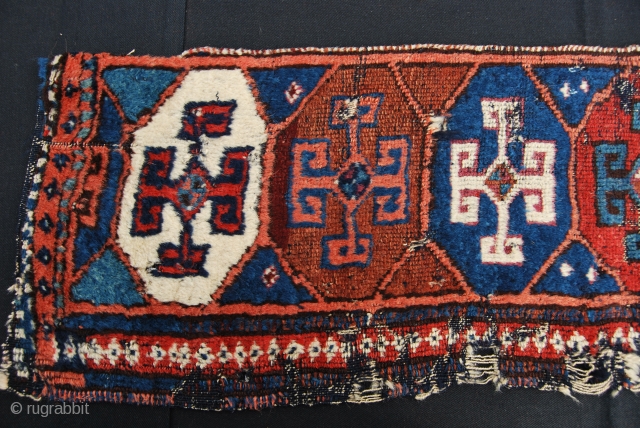 Kurdish rug fragment. Aleppo? Reyhanli? Cm 31x155. Mid 19th century. wonderful colors, great pattern with ram horn medallions. See more pics on my fb page: https://www.facebook.com/carlo.koc/media_set?set=a.10153790251778492.1073741859.579403491&type=1&pnref=story
       