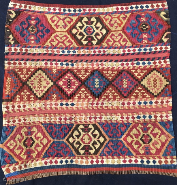 Wonderful antique natural color Sinanli bag face. Eastern Anatolia. Cm 69x73. See the fantastic cochineal, the lovely madder red & orange, the bright yellow, the deep indigo blue.....Great unusual thin weave in  ...