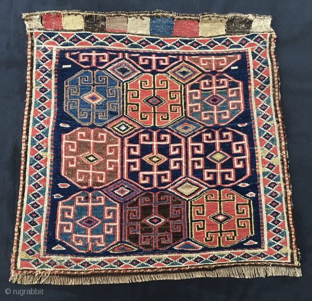 Shahsavan sumack bag face. Cm 52x54. Second half 19th c. Great saturated colors. Lovely nine Memling Gul pattern. In good condition. Previously belonging to an Italian collector. A super piece. See the  ...