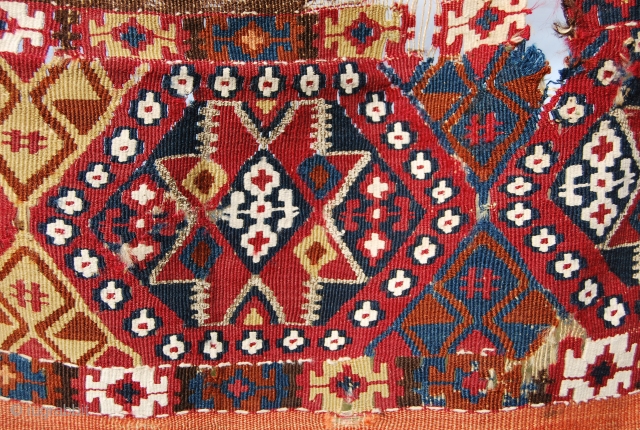 Eastern Anatolia, probably Malatya open cuval. Cm 85x150. Wrecked.....but with lovely colors. Note the silver thread outlining the stars.              