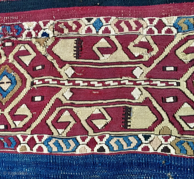 Lovely Eastern Anatolia open cuval/storage bag. Cm 110x140. Over 120 years old. Great colors. Amazing sumack weave in the central part with a fantastic graphics. Despite the  serious condition issues this  ...