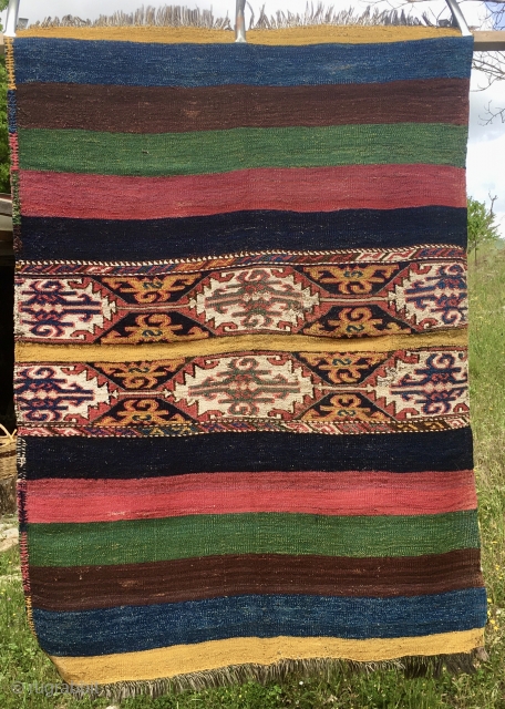 Yellowish, wild, tribal, sweet, super color East Anatolian cuval. Cm 110x150 ca. 3rd quarter of the 19th century. Great, rough, hand spun sheep and goat hair wool. This is a super storage  ...