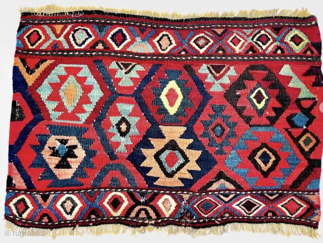 Shahsavan flat weave mafrash long panel. 
Cm 46x66. Datable to 3rd/4th q of 19th century. 
Lovely, great, colored pattern with awesome natural dyes. 
See madder red, indigo blue, apricot, light green among  ...