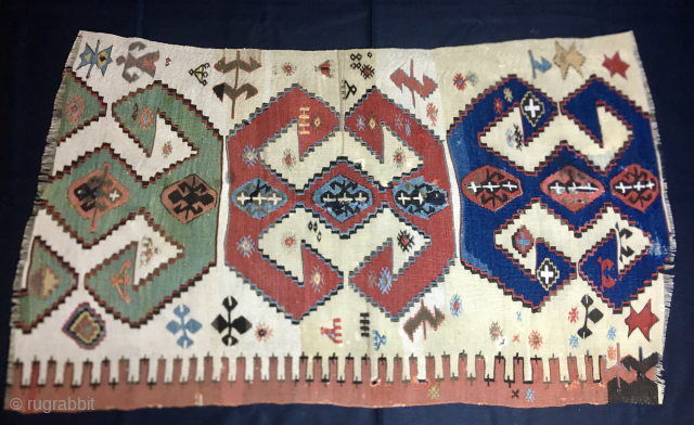 Three colorful medallion kilim fragment from the Konya region, 
Central Anatolia, Turkey.
The size is 70x120 cm ca.
Dating should be end of the 19th c
It should be from the Konya region, somewhere between  ...