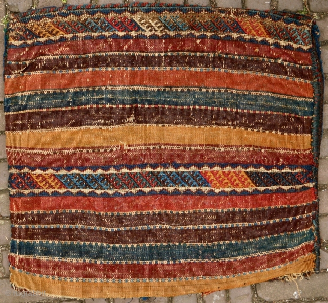 Jaff Kurd bag with diamonds spread allover. Pile rug with a rare and wonderful, striped kilim back. Size is 48x54 ca. Datable to the end of 19th century. Diamond pattern. Inside border  ...