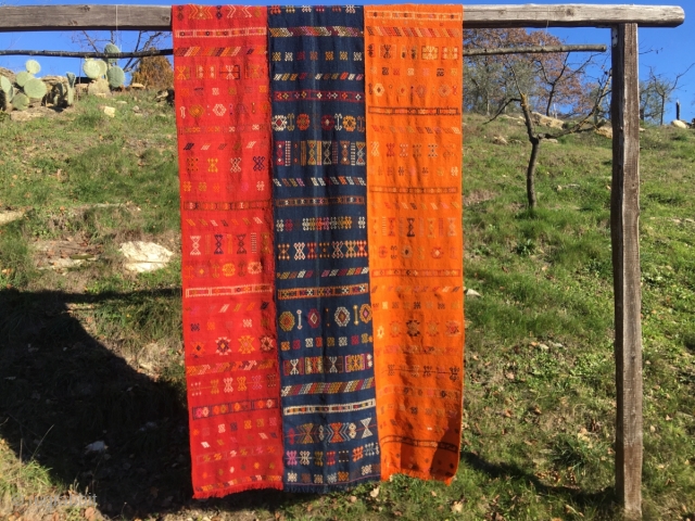 Sivas, Central Anatolia, Turkey. 3 strip kilim. Cm 140x260 ca. Great, decorative piece with lots of embroidered goodwill, happiness, good luck symbols and dileks/wishes. Wedding present? In great condition with a reasonable  ...