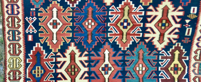 Great Shirwan Kuba Kilim.
Cm 165x275, Ft 5.4"x9.028"
Datable 1880/90sh
Awesome, natural, saturated bright, beautiful colors.
Classical, Caucasian Kuba pattern.
In very good condition.
Shipping by UPS/Fedex to most EU/USA countries at cost.
Now available at ...