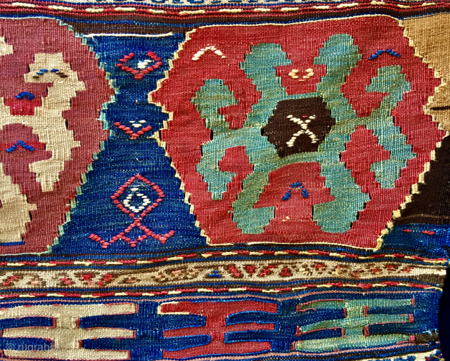 If you are after beautiful natural colors or after a rare pattern,
well, this is for you.
Calm, sweet, elegant........

Shahsavan rare design kilim mafrash long panel. 
Cm 50x105 ca. D
Datable 1870/880, if not earlier  ...