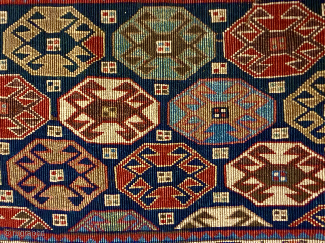 Beautiful, colorful, rare Shahsavan reverse sumack mafrash end panel. 
Cm 41x55 ca. Datable 1870/1890. 
In very good condition. 
Gorgeous dyes, and also a small fuchsine spot that somehow confirms the dating. Lovely  ...