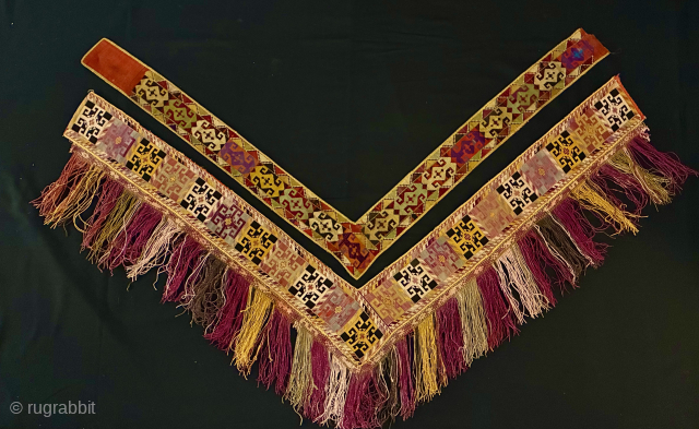 SEGUSHA
These textiles are traditional Uzbek Lakai tribal art known as Segusha, 
woven and embroidered by the Lakai, a nomadic, Uzbek-speaking people found in Uzbekistan, Tajikistan, and Afghanistan.
They are either V  or L shaped embroidered  ...