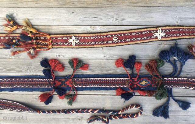 Two Anatolian cuval straps. Two little wonders. One bought 15 y ago in Turkey, the other one got from an owned cuval.
wonderful small tribal art pieces.       