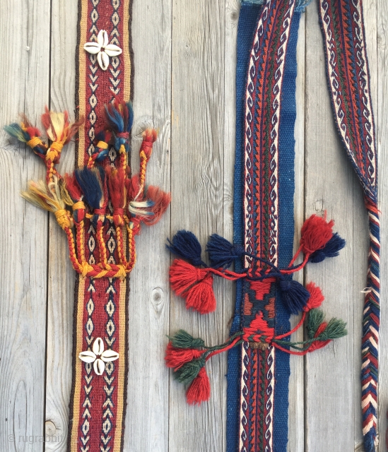 Anatolian tribal art. Two Anatolian cuval/storage bag straps. Lenght is cm 180 and 220. Great weaving workmanship. Fantastic graphics/drawing. Embellished with tufts and cowry shells. Antique, natural dyes, in super condition. Ethnographic  ...