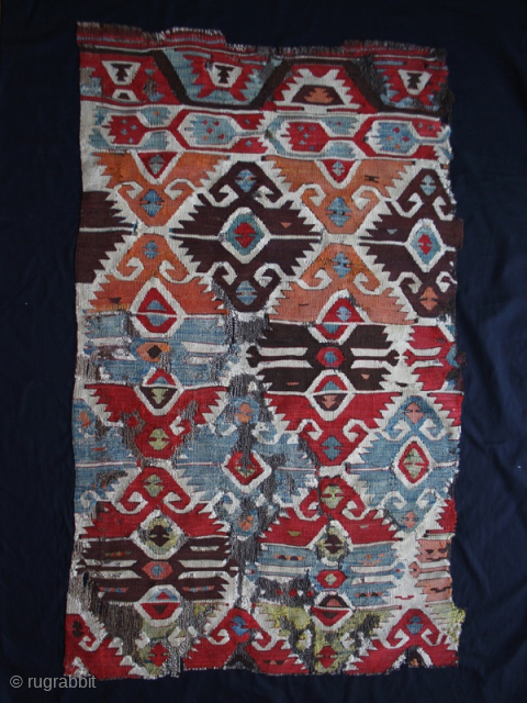 Western Anatolia Dazkiri, Denizli area, Kilim fragment datable back to first half of 19th century, 1800/1850. Size is cm 85x150 or 44"x59". In those days there were no chemical colors, so it's  ...