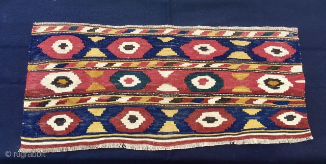 Kazak Bordjalu kilim mafrash main panel. Cm 39/45X98. End 19th century or so. Wonderful, natural saturated colors. Yellow is simply fantastic. That bluish green is hardly detectable here, but is great. Simple,  ...