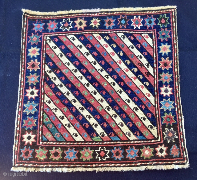 Stars & Stripes. Shahsavan beautiful sumack bag face. Cm 46x46 ca. Early 20th century if not before. Great pattern with stars in the wide border and diagonal multi colored stripes in the  ...