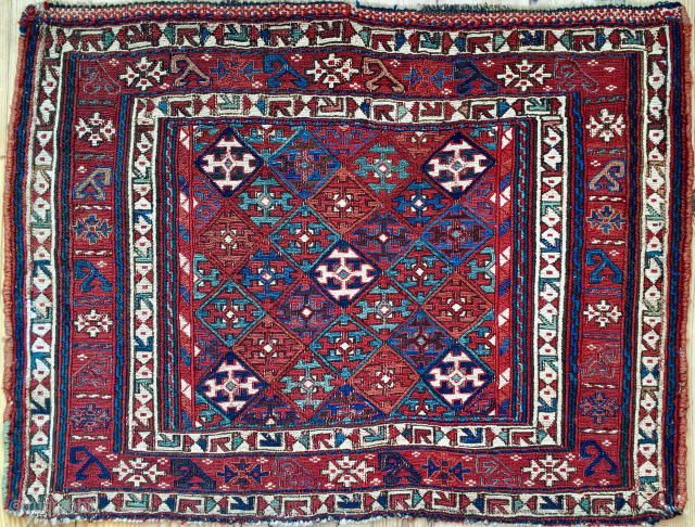 Shahsavan/Khamseh sumack saddle bag face. 
Cm 48x65. 
End 19th c. 
This is a super piece, a rare pearl! ...and extremely beautiful! 
Great saturated colors. 
Have a good look at them! 
Very interesting  ...