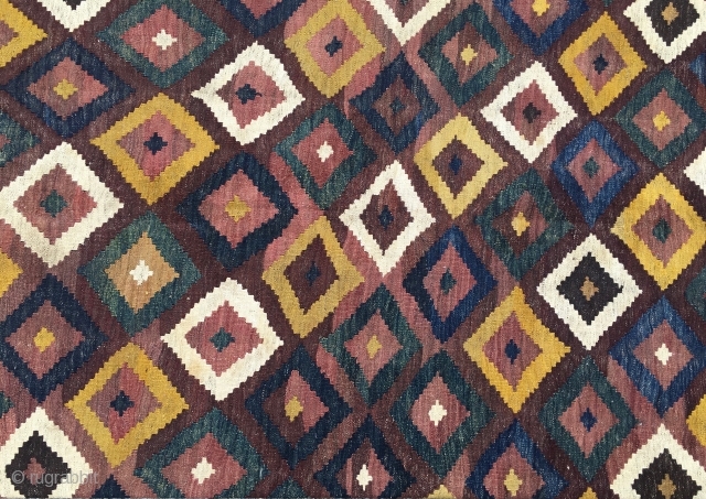 Maimana kilim. Cm 215 332. Late 19th/early 20th c. Wonderful colors. Lovely pattern. A few tiny holes here & there otherwise in good condition.         