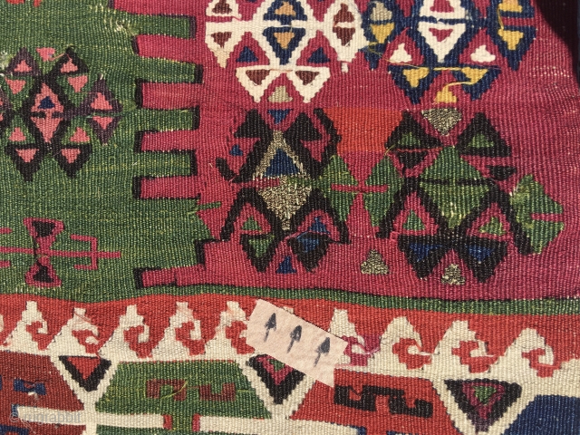 This is a super kilim strip. Called Aleppo in the rug business. Attribution is to the Reyhanli tribal group. Cm 74x362. Datable 1880sh. Very fine weave. Fantastic, natural, deeply saturated colors. Lovely  ...