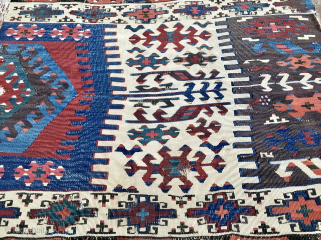 Colors! Graphics! This kilim strip is a marvel of colors and graphics. East Anatolia, most probably Reyhanli tribal group. Cm 77x289. Mid to end 19th century. Wool on wool plus some hard  ...