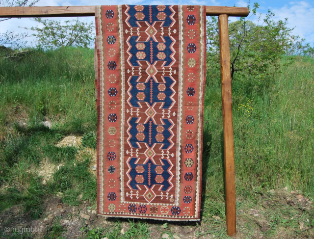 Antique Obruk kilim. Konya area, Central Anatolia, Turkey.
Cm 125x380. Late 19th or early 20th century. 
In good condition, a few old restorations, some moth bites. 
Pics shot this afternoon in sunset light.  ...