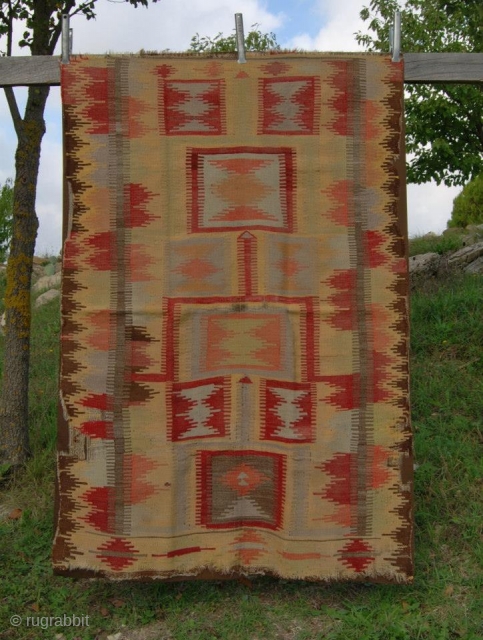 Karapinar kilim. Professionally mounted. Size is cm 104x154. Approx age end of the 19th century. Fragment?! Some lines missing, but almost in original size. Rare & beautiful. See more pics on Facebook:  ...