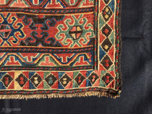 Karabakh sumack bag face.
(yes Karabakh, not Shahsavan as I thought, but….read later on) 
Cm 53x57. 
Databile 1880sh. 
Classic, elegant, rich design. 
Lots of deep, saturated natural colors.  
In very good condition.  ...
