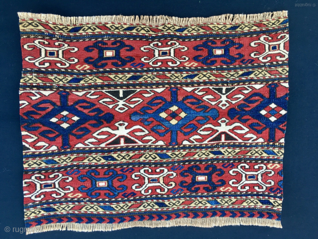 Caucasian Karabagh sumak mafrash end panel. 
Cm 42x44. 
End 19th century. 
Crabs panel. 
Fantastic graphics. 
Wonderful deep saturated natural colors. 
Collectible. 
Enjoyable. 
Buyable. 
Available by DM or emailing to carlokocman@gmail.com

P.S. Unbeatably priced.......+  ...