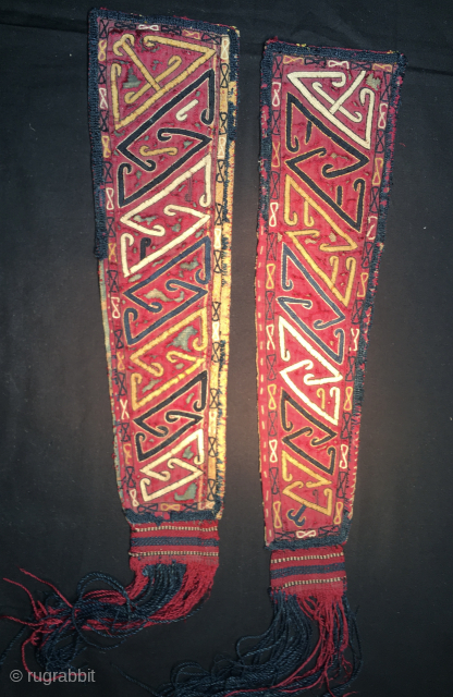 Turkmen Tekke silk chirpy sleeves. 
Cm 9x40 ca. Datable 1860/80. 
Beautiful, extremely rare, tribal art work items.
Most probably kept and used as amulets. 
Simply wonderful. 
Email carlokocman@gmail.com      