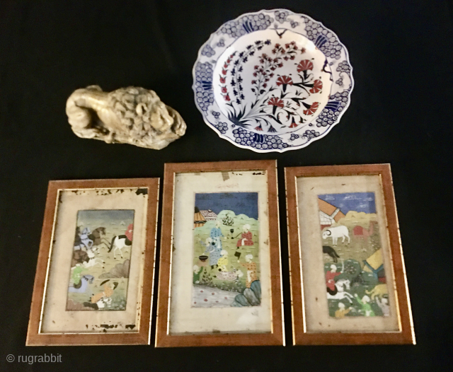 Three Persian miniatures early 18th century or earlier.
Sizes are: cm 20x31, 21x29, 22x33.
They have been framed 50/60 years ago.
Beautiful, great quality.
Sold 1, 2 or the 3 together.
Email carlokocman@gmail.com     