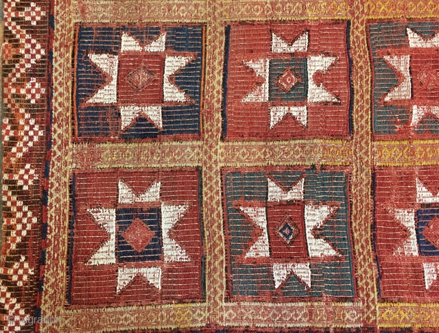 Beautiful Star Fethiye kilim. Cm 140x150 ca. Early 20th century. Zili weave. Natural dyes. Mounted on wonderful "Macchiaioli" canvas for further strength..           