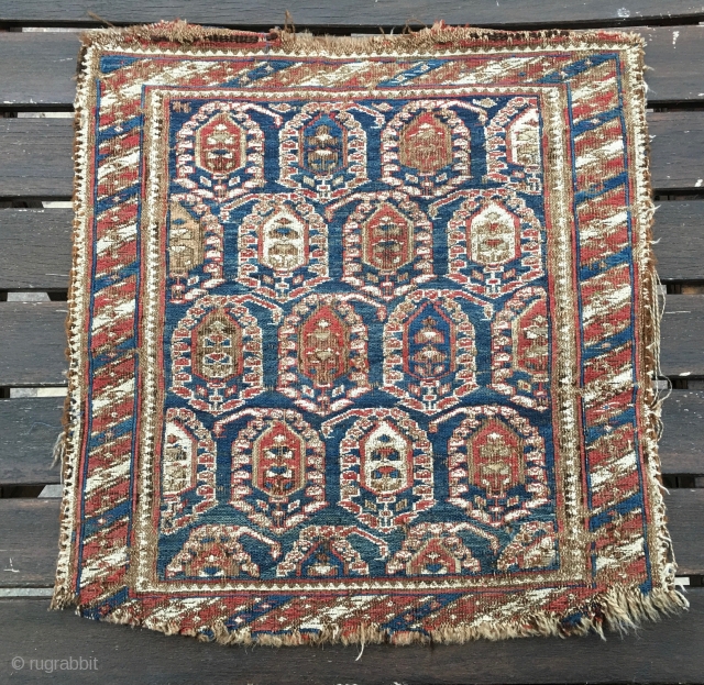Caucasian sumack bag face. Cm 45x48. Mid 19th c. Damaged, worn out, but beautiful, rare, with great pattern and fantastic dyes.            