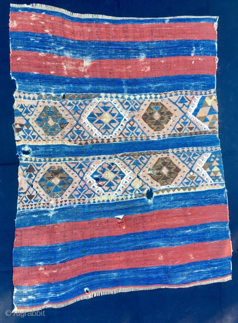 Red and blue Anatolian cuval. Cm 98x123. Over a 100 years old. In a bad condition, with holes, tears, stains, but still highly enjoyable. Very reasonable price.      