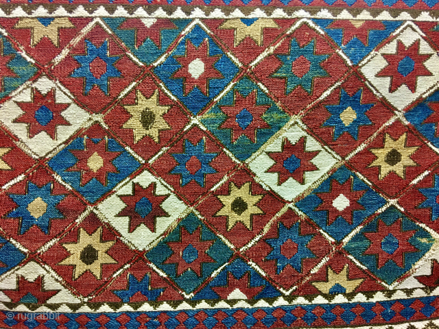 1001 Star Shahsavan Sumack mafrash long panel. Cm 40x110 ca. Wonderful pattern with the ceiling of every Nomad: the sky filled with stars. Lovely natural saturated colors: yellow, green, blue, madder red,  ...