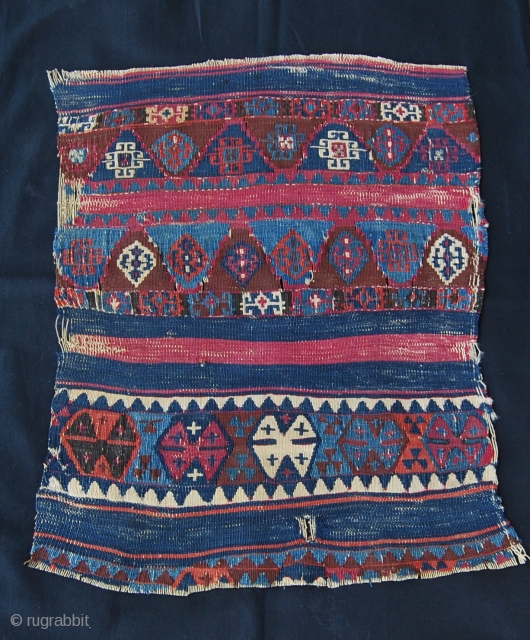 South Eastern Anatolia kilim fragment. Cm 54x70 ca. Mid 19th century. Cochineal red, Malatya apricot and different great blues. Lots of metal thread spots. This is a really good fragment, a great,  ...