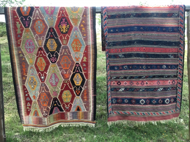 Two kilims at cost price. The first one is from somewhere in Central Anatolia. Size is cm 160x305. Vintage, decorative piece. It has some minor condition issues. There is an inscription on  ...