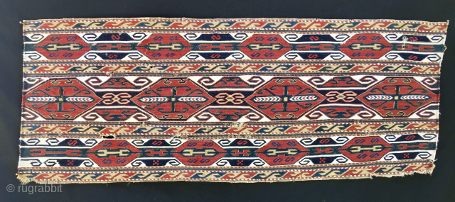 Karabagh (Black Garden) Caucasian wonder. 
Awesome mafrash/bedding bag side panel. 
Cm 38x98. 
Second half 19th century. 
Very fine weave, wool & cotton. 
Lovely, deep saturated colors, reds and blues and yellows. 
Great  ...