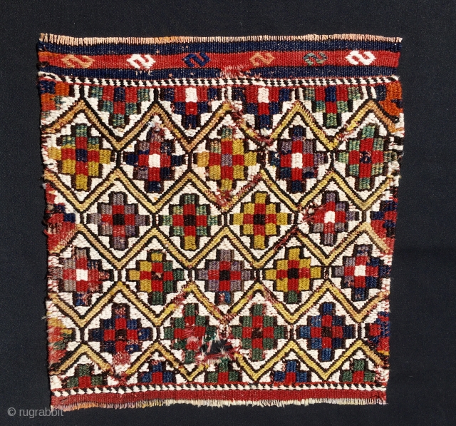 Qashqai sumack khorjin bag face. Cm 38x38 ca. Datable 1890/1900 considering some fuchsine present. Very bright colors. wool and cotton. A sweet beauty, almost a mini "killer".....      