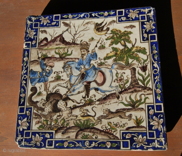 Qajar polychrome glazed ceramic tile. Cm 40x40 x3h  - in 15,7 square. 19th century, Tehran. Some old breaks.
See more pics: http://www.facebook.com/media/set/?set=a.10151003851344258.484143.358259864257&type=1
           