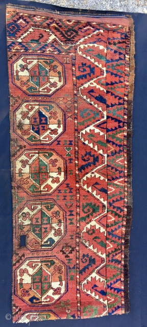 1850sh Turkmen Beshir rug fragment. Cm 67/76x177. Third quarter 19th century if not earlier. Great deep, natural, saturated colors. Madder red, green, yellow, indigo & petrol blue, white (wool).... Lovely pattern, great  ...