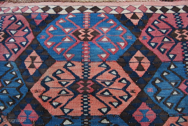 Van, Eastern Anatolia, Kurdish kilim fragment. Size is cm 63x83. Second half 19th century. Lovely, saturated dyes. 
Brown, dark red, orange, dark & light indigo blue. Wool on wool and cotton. Very  ...