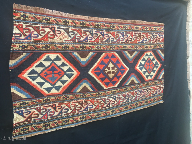 Shahsavan Mogan Savalan bedding bed side panel
Sumack/flatweave mafrash long panel.
Cm 55x102
Late 19th or early 20th century
In great condition.
See John Wertime "Sumack Bags" page 136/7
See also its interesting caption.

Please email carlokocman@gmail.com

   