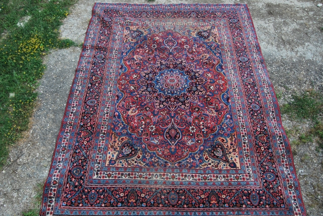 Oops...Wrong attribution…..it's not a Kirman, it's a Mashad, ….Khorassan area rug…..sorry…..I do not know anything about Persian rugs…. 
Cm 260x355. Early 20th century. Great colors. Good condition. Some wear, no restorations, no  ...